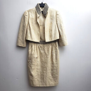 Carmen Marc Valvo Sheath Dress Set 8 Yellow White Beaded Jacket Sleeveless